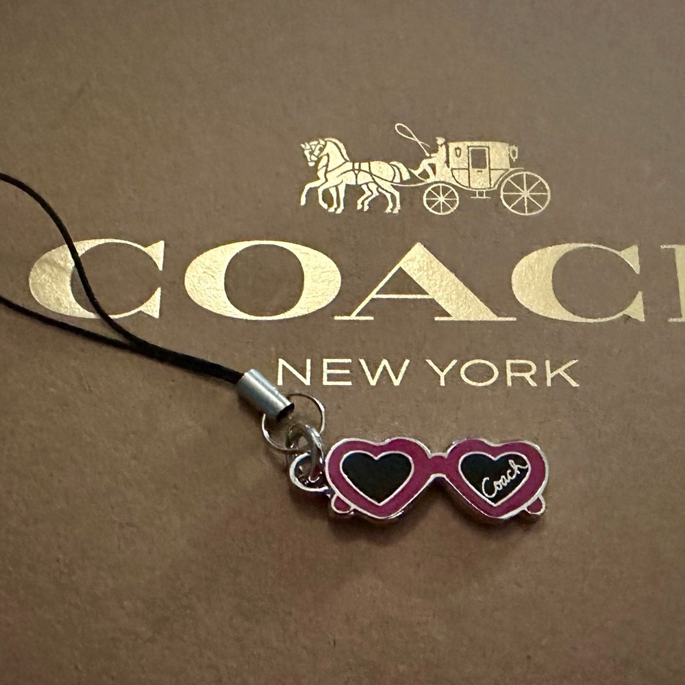 Coach Pink & Black Enamel Heart Sunglasses Cell Phone Lanyard Bag Charm